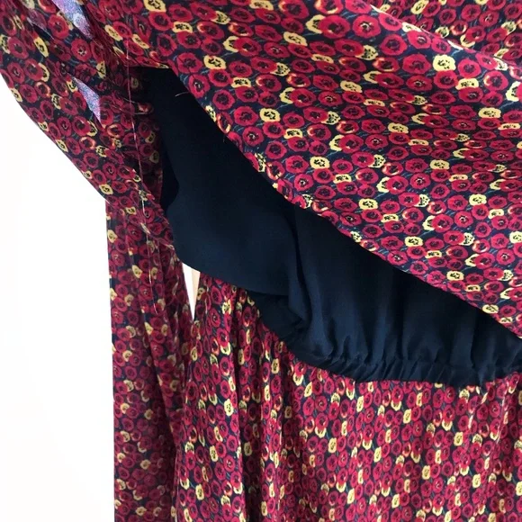 NWT AMOUR VERT sz S floral long sleeve dress red yellow floral lettuce edge - Picture 7 of 11